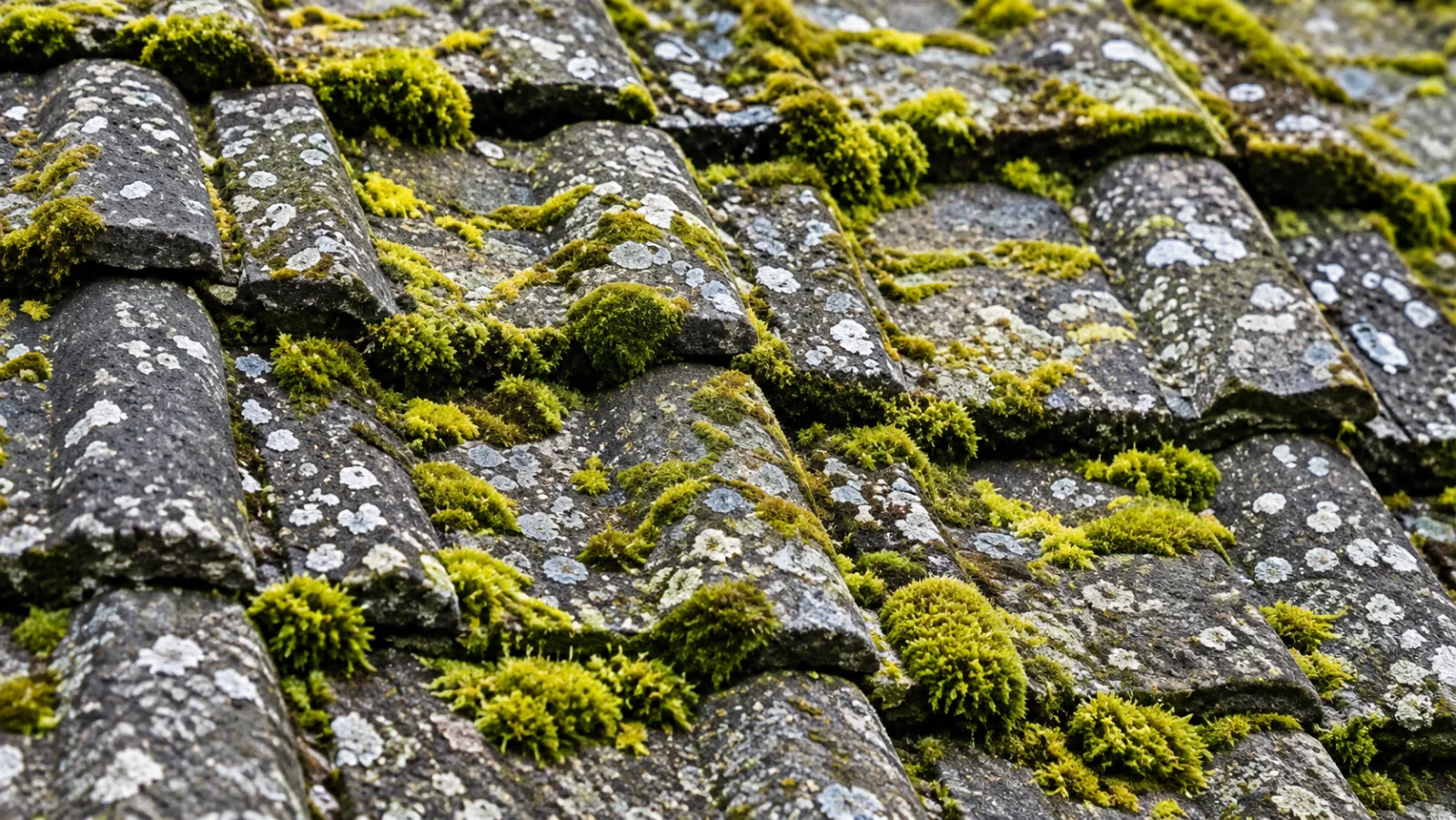 Tuiles couvertes de mousse et de lichens